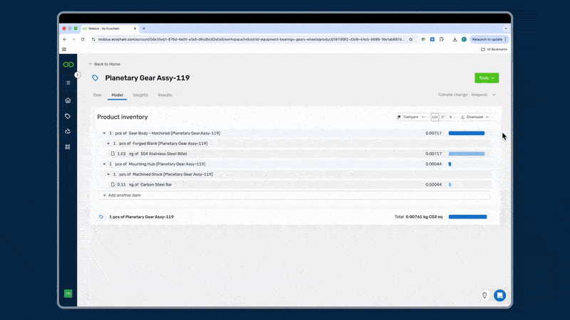 Ecochain software preview of scenario modeling for product improvement and analysis